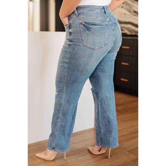 NEW JUDY BLUE high rise control top distressed straight jeans in medium wash - Picture 3 of 4